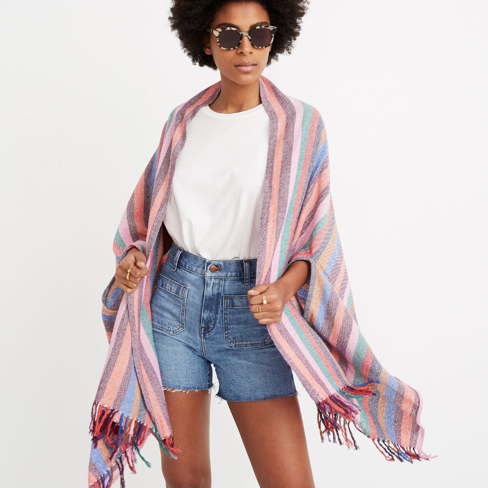 Madewell Raw Silk & Cotton Blend Rainbow Striped Cape Scarf